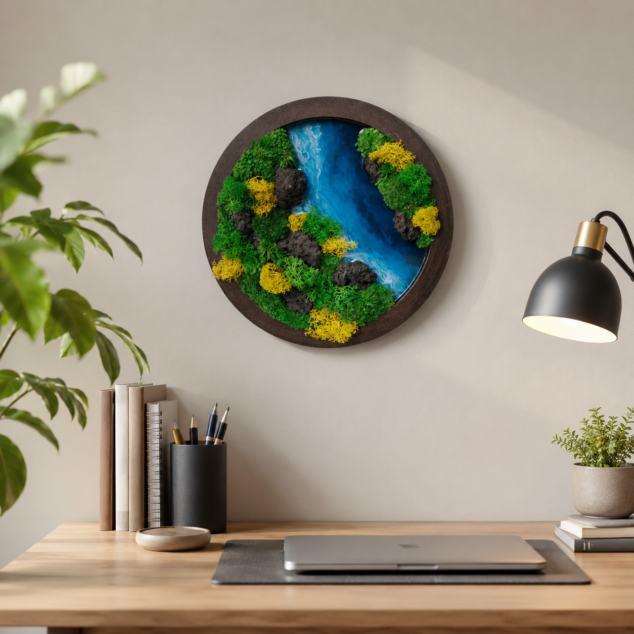 Round Moss Wall Art | Wall & Desk Display | Walnut Wood Circle Frame