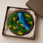 Round Moss Wall Art – Resin River & Preserved Moss | Walnut Wood Circle Frame