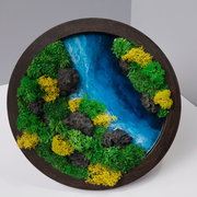 Round Moss Wall Art – Resin River & Preserved Moss | Walnut Wood Circle Frame