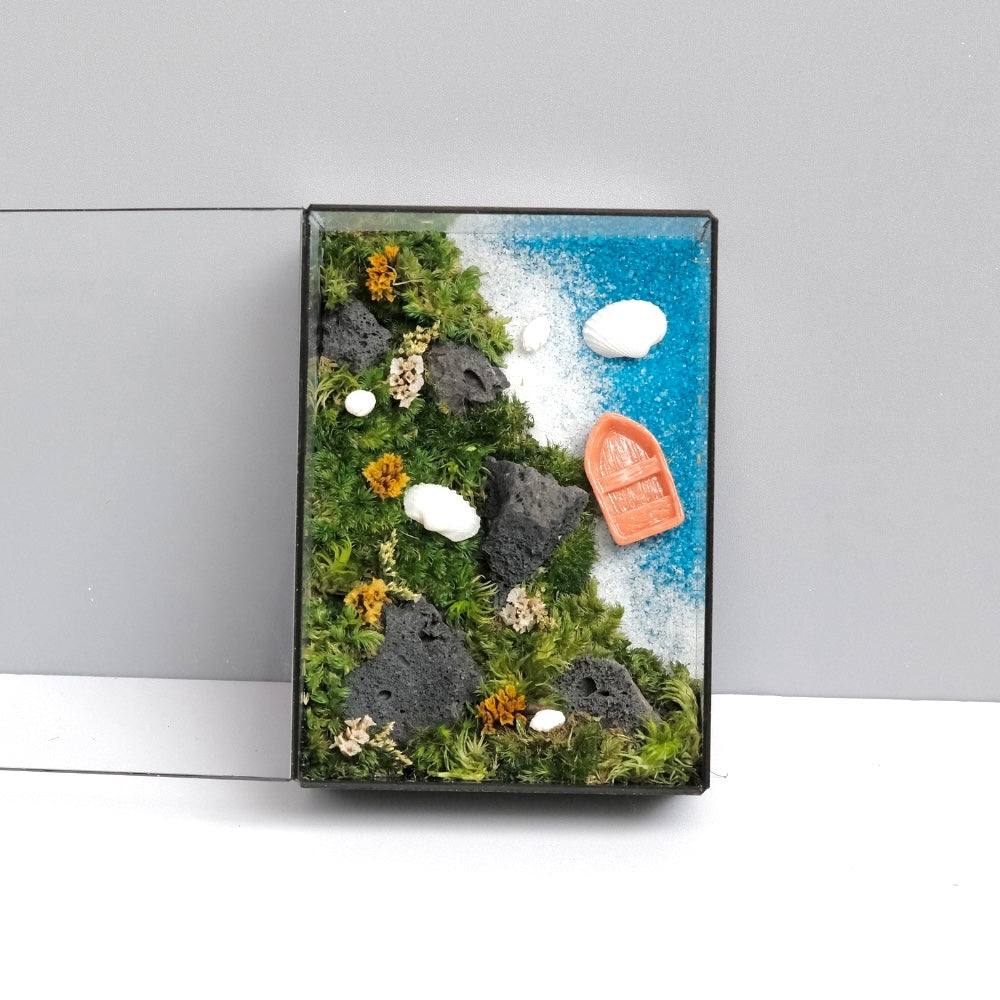 Coastal Moss Wall Art – Preserved Moss & Ocean Scene | Black Glass Frame