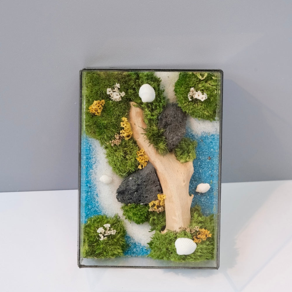 Forest Stream Moss Wall Art – Natural Driftwood & Preserved Moss | Black Glass Frame