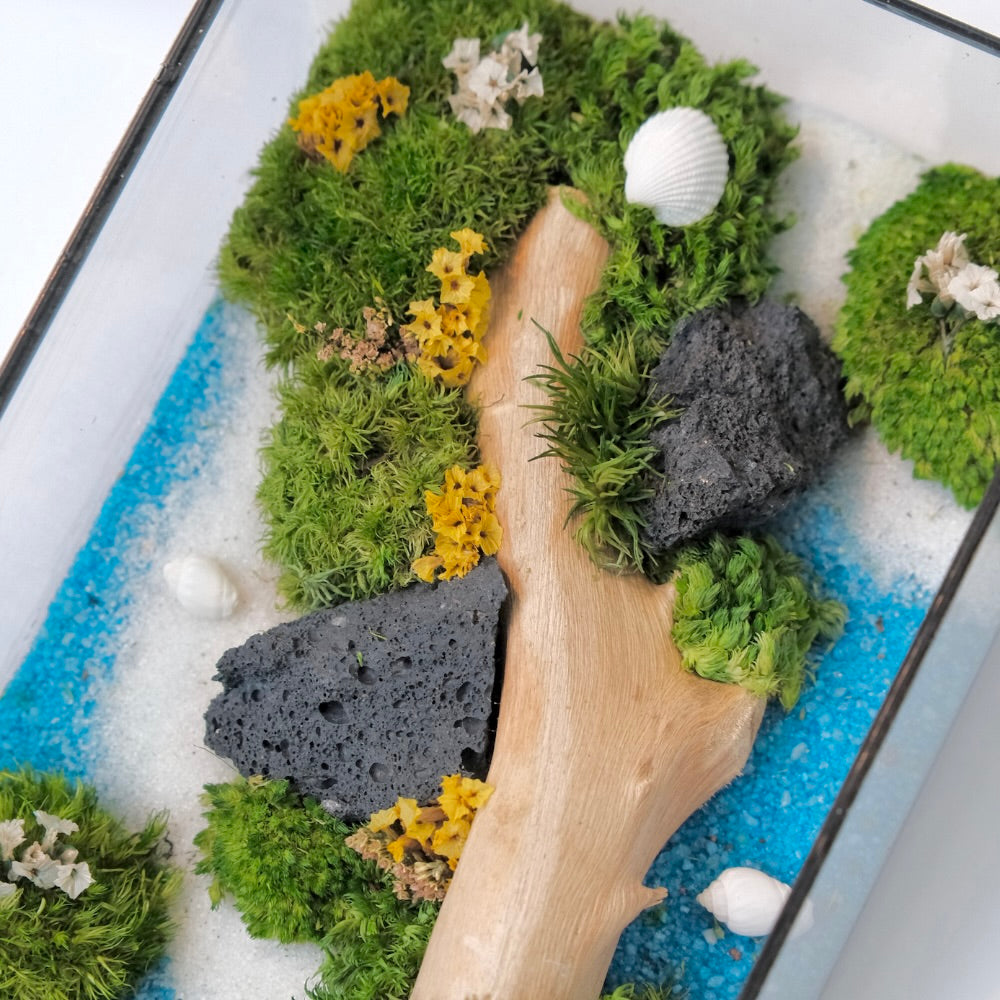 Forest Stream Moss Wall Art – Natural Driftwood & Preserved Moss | Black Glass Frame
