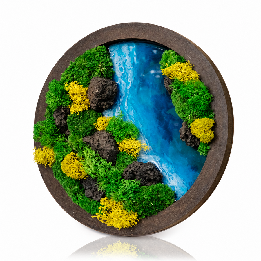 Round Moss Wall Art | Wall & Desk Display | Walnut Wood Circle Frame