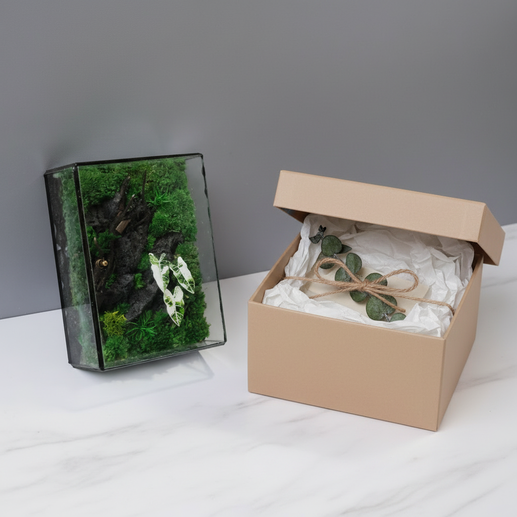 Gift Box Mockup – White Alocasia Terrarium